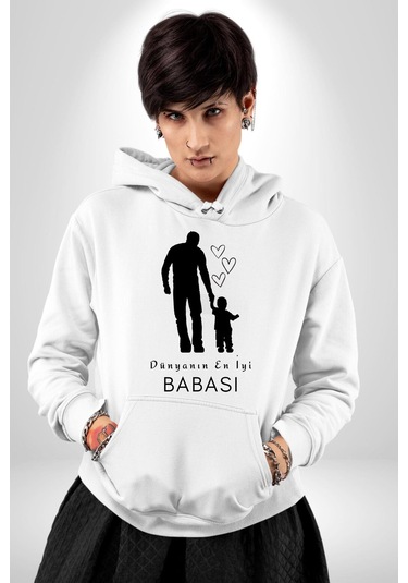 Babalar Günü Dünyanın En İyi Babası Kadın Erkek Beyaz Kapüşonlu Sweatshirt Hoodie Beyaz
