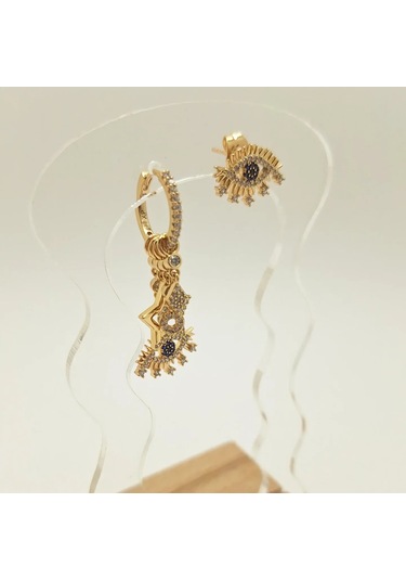 Boncuklu Charm Gold Çelik Küpe Seti Altın - Gümüş