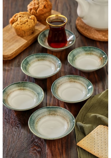 Cooker 6'lı Desenli Porselen Çay Tabağı Yeşil