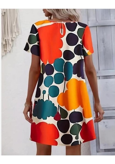 Kadın Yaz Baskılı Yuvarlak Yaka Kısa Kollu Günlük Elbiseler Koyu Yeşil