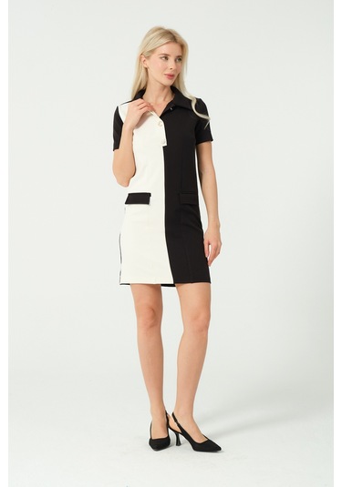 Polo Yaka Mini Elbise Siyah Beyaz