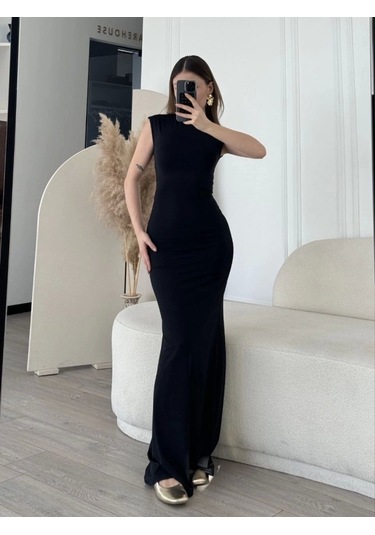 Kolsuz Uzun Likralı Elbise - Siyah Siyah