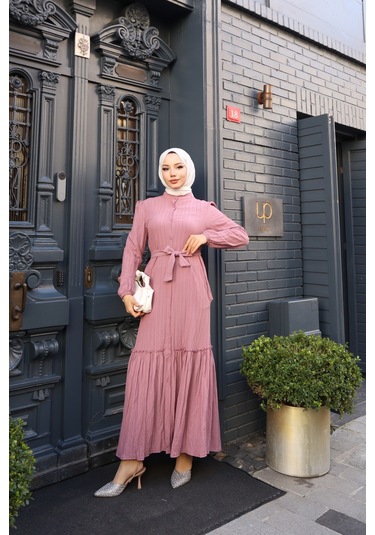 Kadın Gül Kurusu Boydan Düğmeli Eteği Piliseli Kuşaklı Lara Keten Uzun Tesettür Elbise Gül Kurusu