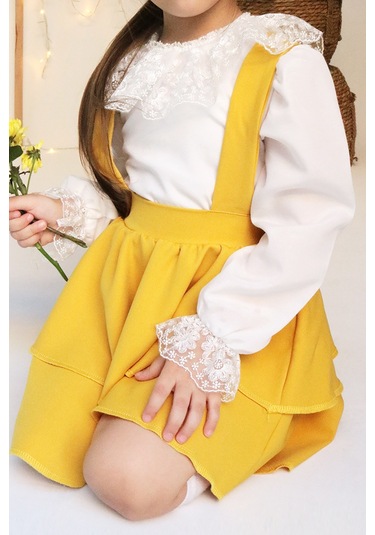 Kız Çocuk  Helen Sarı Askılı Kat Kat Bağlama Jile Elbise Dantel Detay Ekru Uzun Kollu Bluz Takım