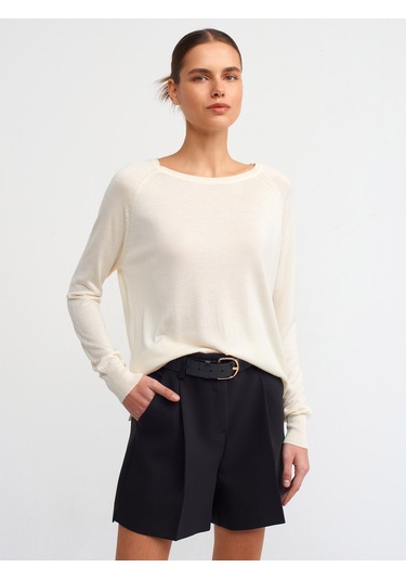 Dilvin Yaka Basic İnce Triko Kazak Krem