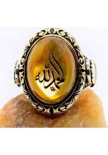 Vog Elhamdülillah Yazılı Tuğralı Sıkma Kehribar Taşlı 925 Ayar Gümüş Erkek Yüzük