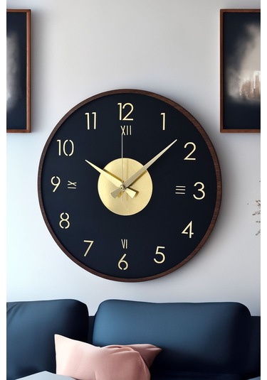 Ahşap Dekoratif Alcyone Gold - Kahverengi Duvar Saati 48cm Siyah - Gold