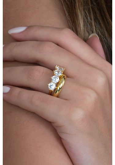 Takı Dükkanı Gold Renk 4mm Gümüş Alyans Ve Ağır Gümüş Beştaş Yüzük Seti Wsr119