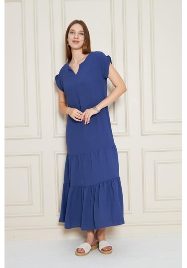 Kadın Uzun Eteği Fırfırlı Kısa Kol Apolet Detaylı Salaş Günlük Rahat Elbise 3761366 İndigo