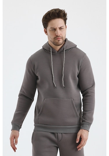 Monox Erkek Kapşonlu 3 İplik Sweatshirt Füme