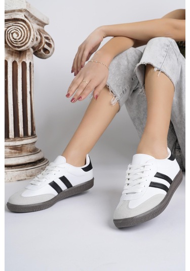 Muggo Gordon Unisex Ortopedik Günlük Garantili Bağcıklı Yürüyüş Koşu Sneaker Spor Ayakkabı Beyaz - Siyah