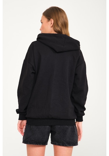 Harmandar Baskısız Unisex Siyah Cepli Kapüşonlu Fermuarlı Sweatshirt Hırka Siyah