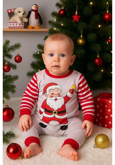 Pekminibebe Noel Baba Detaylı Bebek Tulum Pamuk Kırmızı