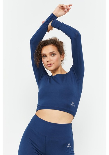 Tommy Life İndigo Uzun Kollu Dar Kalıp O Yaka Kadın Crop Top T-shirt - 97150 İndigo