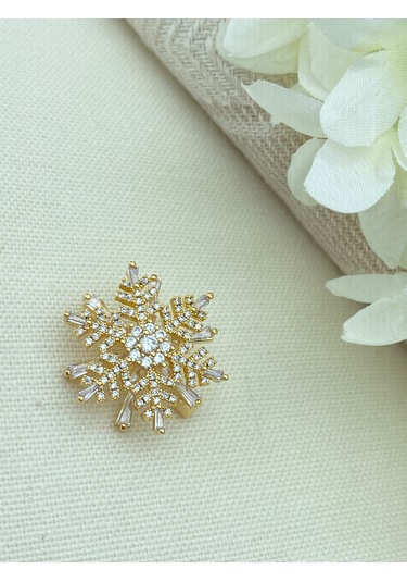 Broş Kar Tanesi Model Full Zirkon Taşlı Gold