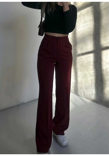 Nevege Butik Kadın Örme Kumaş Full Likralı Düğmeli Palazzo-bordoo02 Bordo0102 Bordo