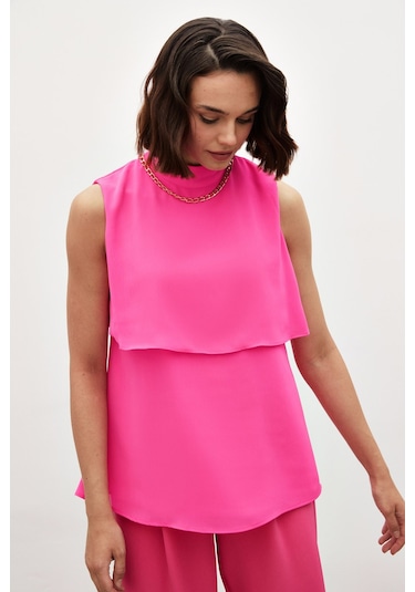 Sateen Aksesuar Detaylı Volanlı Bluz - Fuşya