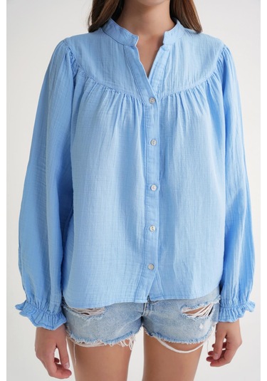 4733 Kadın Büzgü Robalı Uzun Kol Müslin Gömlek Bebe Mavi Bebe Mavi