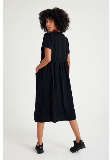 Barbora Keten Günlük Rahat V Yaka Beli Büzgü Detaylı Düğmeli Elbise Ln04siyah14 001