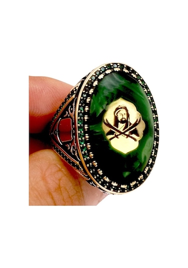 Hz. Ali Ve Zülfikar Motifli Sıkma Kehribarlı Gümüş Erkek Yüzük