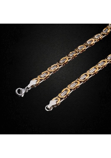 Çelik Kolye Kral Zincir Model 0.5 Mm 55 Cm Bizans Bağlantı Gümüş Altın Sarısı Gold Gold - Gümüş