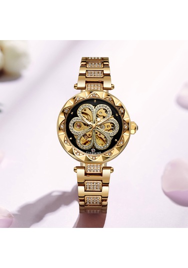 Vkemall Kadınlar İçin Otomatik Mekanik Saat, Gümüş Çelik Kordon, 30m Su Geçirmez, 33mm Taşlı Açık Desenli Siyah-altın Yüz Gold