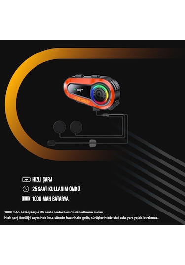 Leeways Q08 2x 1000m Telsiz Mesafeli Özellikli 2 Kişi Bağlantılı Bluetooth Kask Kulaklık Ekranlı Fenerli Interkom