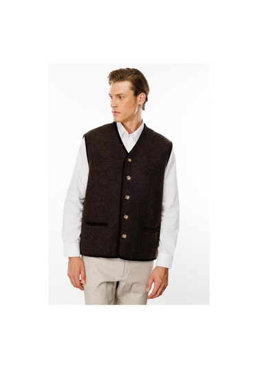 Desen Triko Erkek V Yaka Astarı Desenli Yün Yelek 24583 Kahverengi Kahverengi