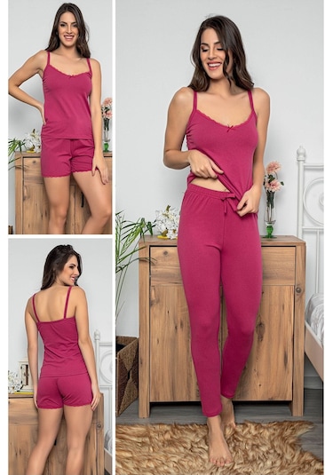 Kadın Mürdüm Renkli Dantel Detaylı Şortlu Ve Taytlı Pijama Takımı 3'lü MÜRDÜM