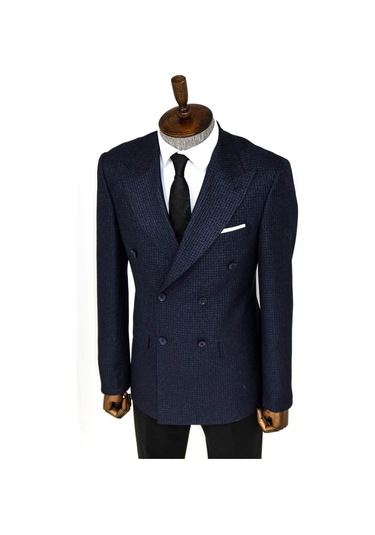 Wessi Kazayağı Desenli Lacivert Erkek Kruvaze Ceket - Wessi Lacivert