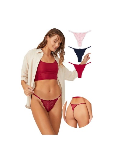 Önü Dantelli Tül Detaylı Kadın Tanga 3'lü Paket Külot Renkli-1 Çok Renkli