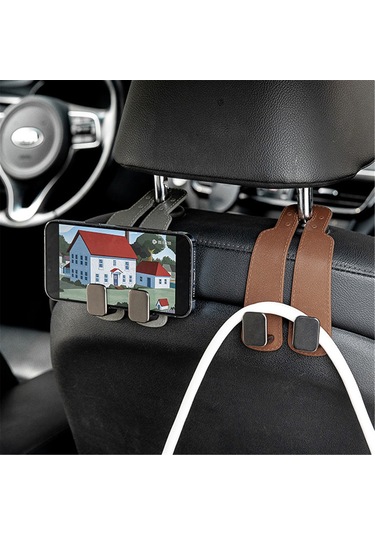 Kangvka Araba Sandalye Arka Çift Kanca - Telefon Tutucu Ve Saklama Fonksiyonu - Gizli Depolama - Yumuşak Silikon - Tekli Paket - Açık Kahverengi