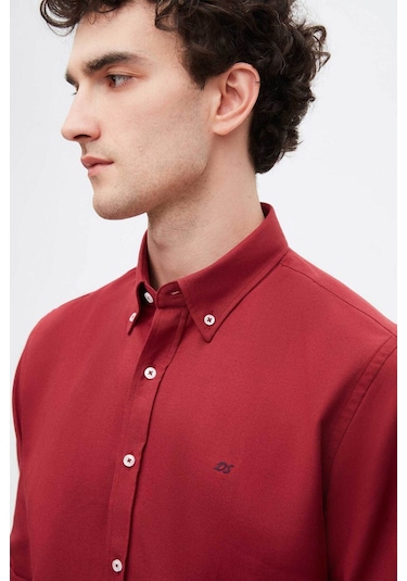 Ds Damat Slim Fit Bordo Oxford Düğmeli Yaka Kolay Ütülenebilir Nakış Detaylı Pamuklu Gömlek 4HC02ORT03265 Bordo