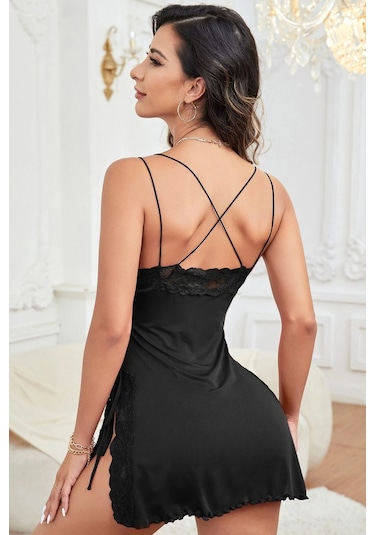 Merry See Askılı Dantel İşlemeli Yırtmaçlı Gecelik Siyah