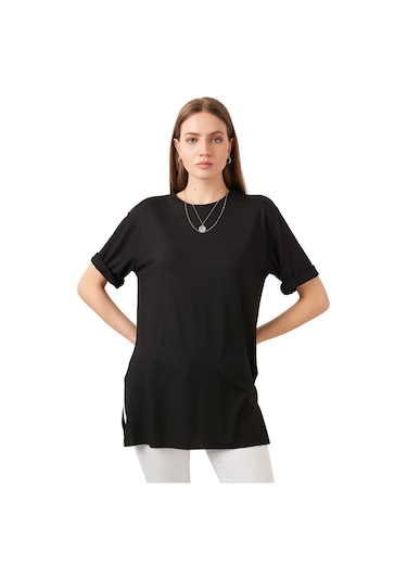 Lela Oversize Bisiklet Yaka Yırtmaç Detaylı Bayan Bluz 5863683 Siyah