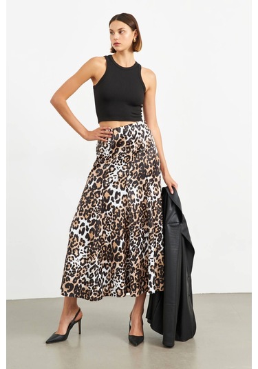 Stella Pulvis Kahverengi Leopar Desenli Beli Lastikli Saten Maxi Etek Kahverengi