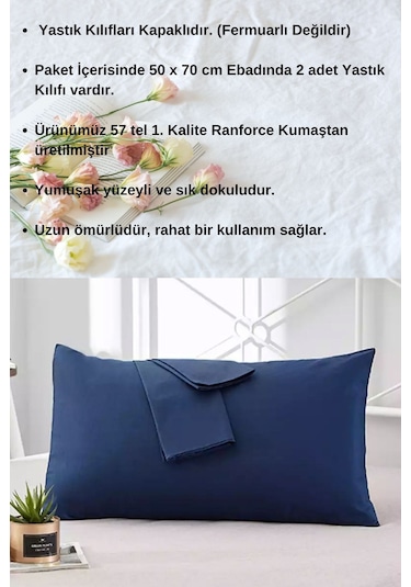 Lacivert Renkli Pamuklu Ranforce Kumaştan Yastık Kılıfı 2 Adet