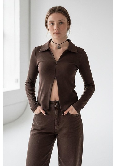 Kahverengi Polo Yaka Çift Fermuarlı Slim Fit Kadın Body Mg2652 Kahverengi
