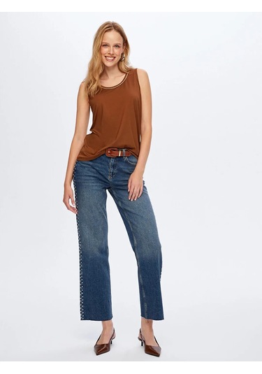 Faik Sönmez Yakası Şeritli Kadın Askılı Bluz W26atl002 Kahve