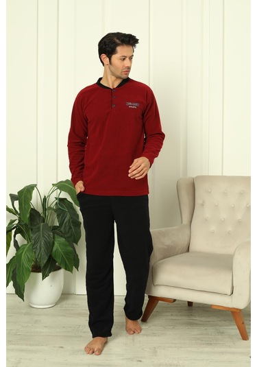Erkek Cepli Kışlık Polar Pijama Takımı 2248 Bordo