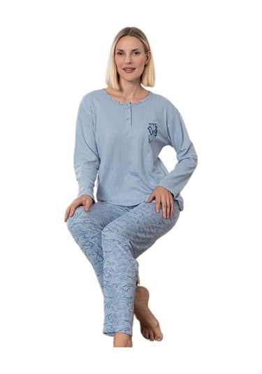 Mina Collection Kadın Pijama Takımı Uzun Kollu Yumuşak Dokulu E Acık Mav