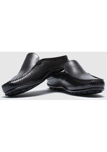 Hakiki Deri Siyah Lazer İşlemeli Erkek Günlük Terlik - Siyah