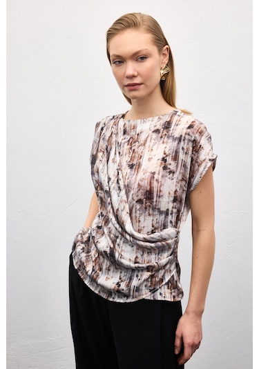 Sateen Pileli Kolsuz Bluz - Kahve-136863 kahve