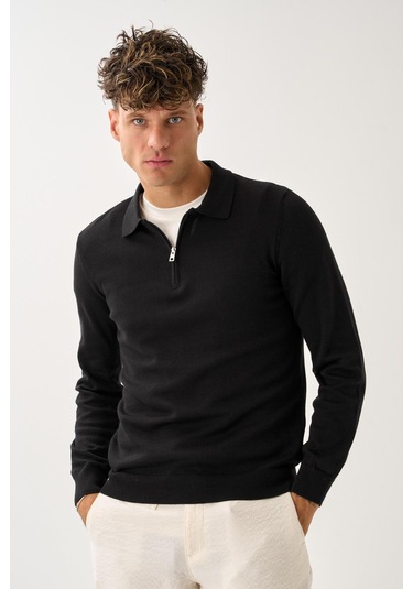 Fermuarlı Polo Yaka Kazak Siyah