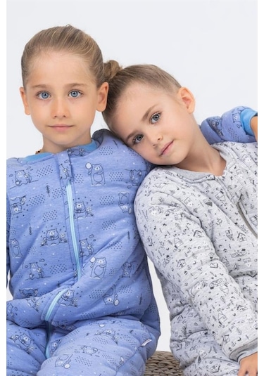 Kız Erkek Çocuk Kalın Elyaf Dolgulu Premium Kalite 2.5 Tog Desenli Uyku Tulumu Mavi Melanj