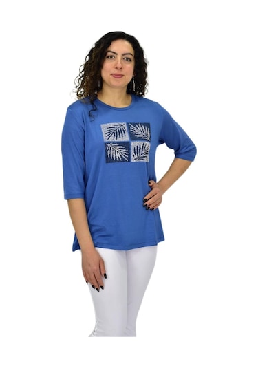 Caftan Kadın Kısa Kol Taşlı Bluz Bgl-st04710 Mavı