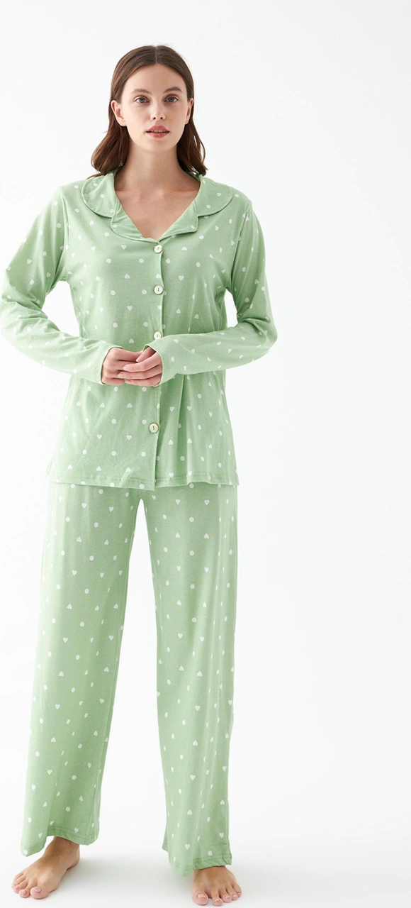 Akbeniz Kadın Yeşil Kalp Desenli Düğmeli Pamuklu Pijama Takımı Yeşil