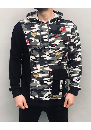 Insane Minds Parçalı kamuflaj desen kanguru cep kapşonlu  sweatshirt Çok Renkli