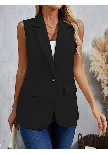Defymoda Kadın Kolsuz Yakalı Önden Tek Düğmeli Atlas Ceket Siyah