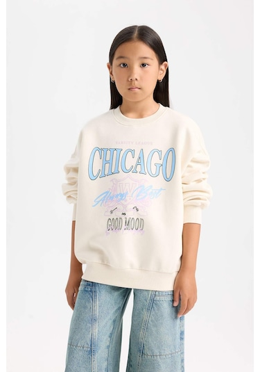DeFacto Kız Çocuk Relax Fit Bisiklet Yaka Baskılı Sweatshirt D7046A824WNER99 Ekru